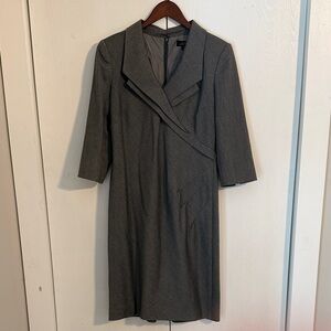 Classic Gray Herringbone Tahari Sheath Dress with Notched Collar and 3/4 sleeves